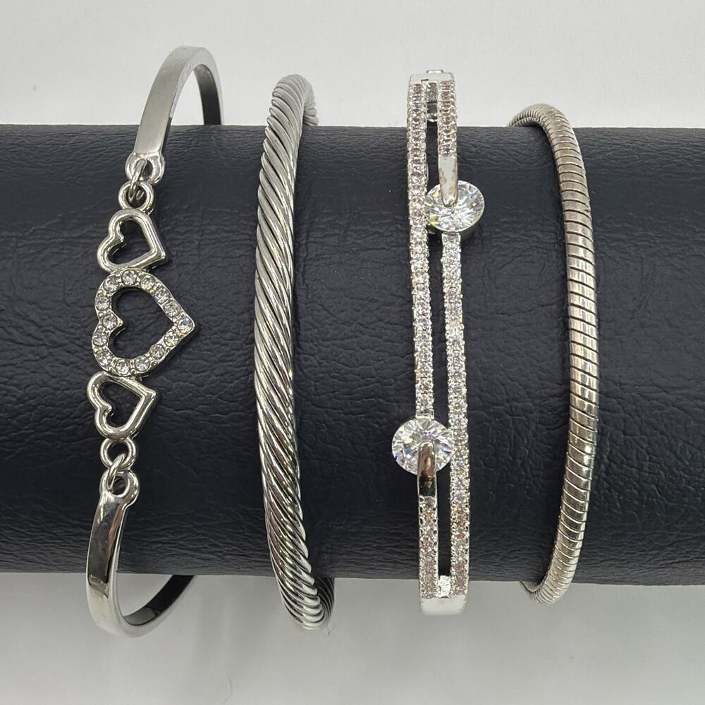 Silver Tone Cuff Hinge Chain Bracelet Lot of 4 Pave Crystal Hearts Rope Classic